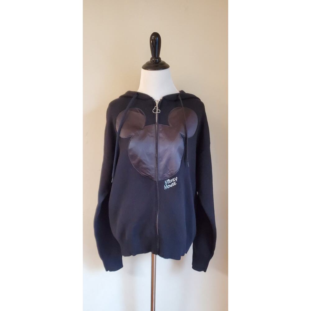 NWT Box Lunch Disney Satin Mickey Ears Black Zip Up Hoodie Sweater Women's Sz L